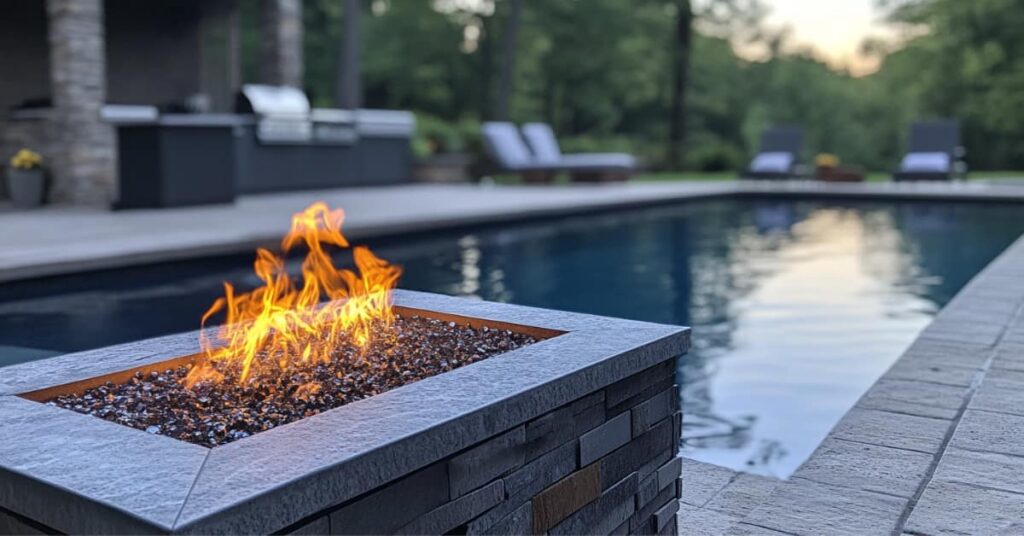 fire pit with pool in background, Modern Outdoor Fire Features Trending in SoCal