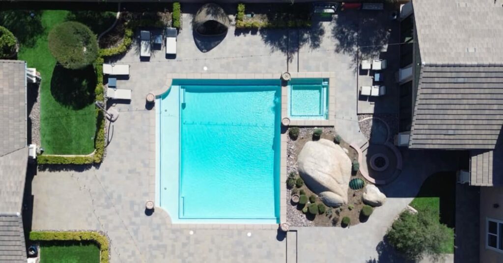 Backyard with patio, pool showing custom 3D design
