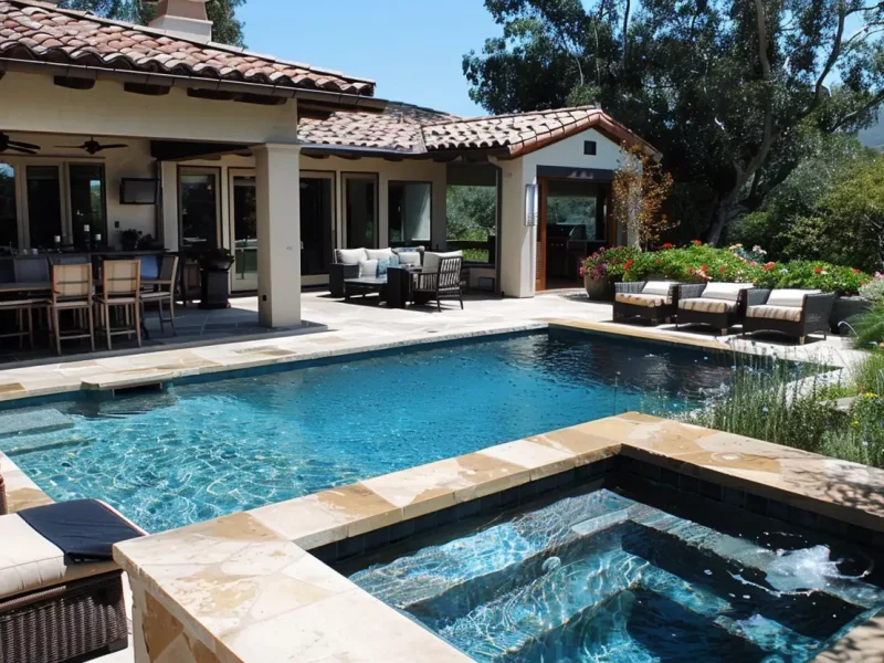 Majestic Pool Construction home with pool and spa and patio covers with lounge seating