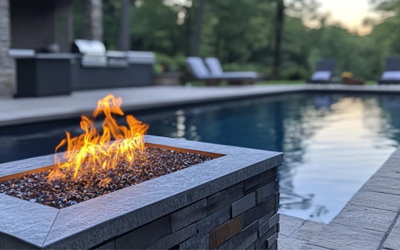 fire pit with pool in background, Modern Outdoor Fire Features Trending in SoCal
