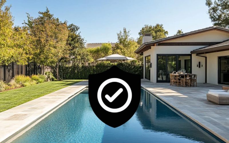 pool in backyard with safety icon representing pool laws